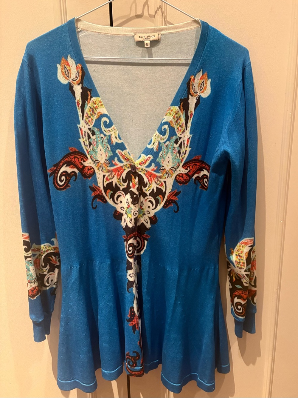 Etro Milano Silk Blend Deep-V Peplum Cardigan  / Blue Baroque Paisley Print